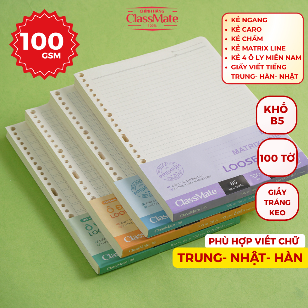Giấy Refill 100gsm Ruột Sổ Còng A5 B5 CLASSMATE Giấy Tráng Keo Không Thấm Nhòe Kẻ Ngang, Caro, Dot G