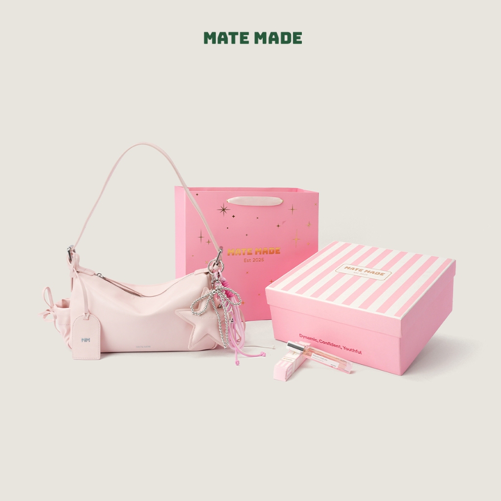 Set Quà Tặng MATE MADE Túi Đeo Vai Cloudy Kèm Charm, Nước Hoa, Hộp Quà Hồng Kẻ Trắng (Tặng Bạn Thân,