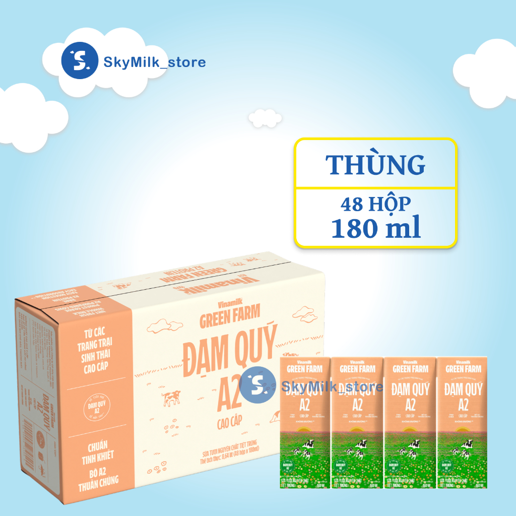 Vinamilk - Thùng 48 hộp 180ml Sữa tươi tiệt trùng Green Farm A2 không đường - Green Farm A2