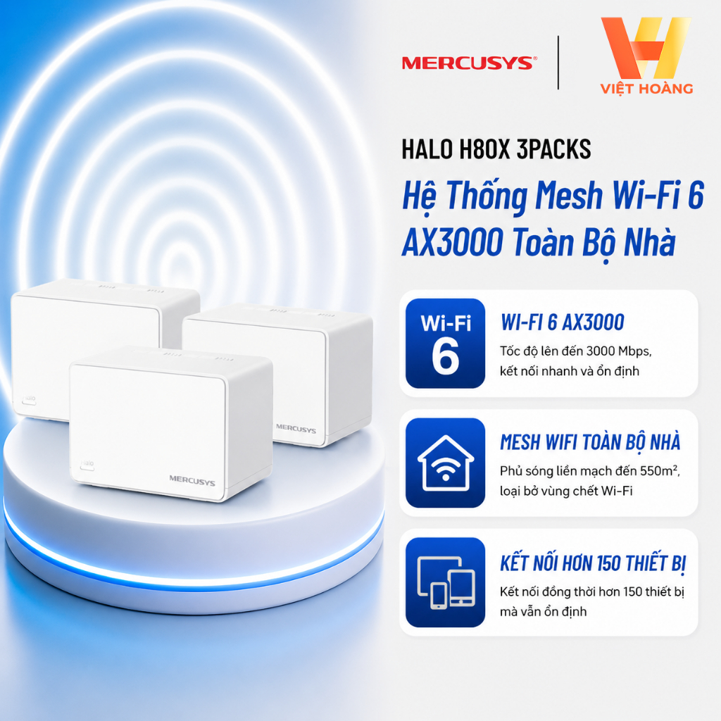 [3 PACKS] MERCUSYS HALO H80X Hệ Thống Mesh Wi-Fi 6 AX3000 Toàn Bộ Nhà