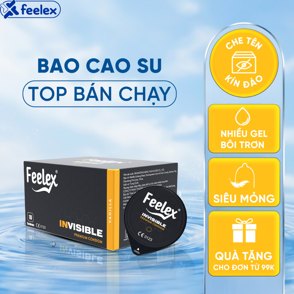 Bao cao su Feelex siêu mỏng, kéo dài thời gian, gân gai, nhiều gel bôi trơn - Hộp 10 bcs