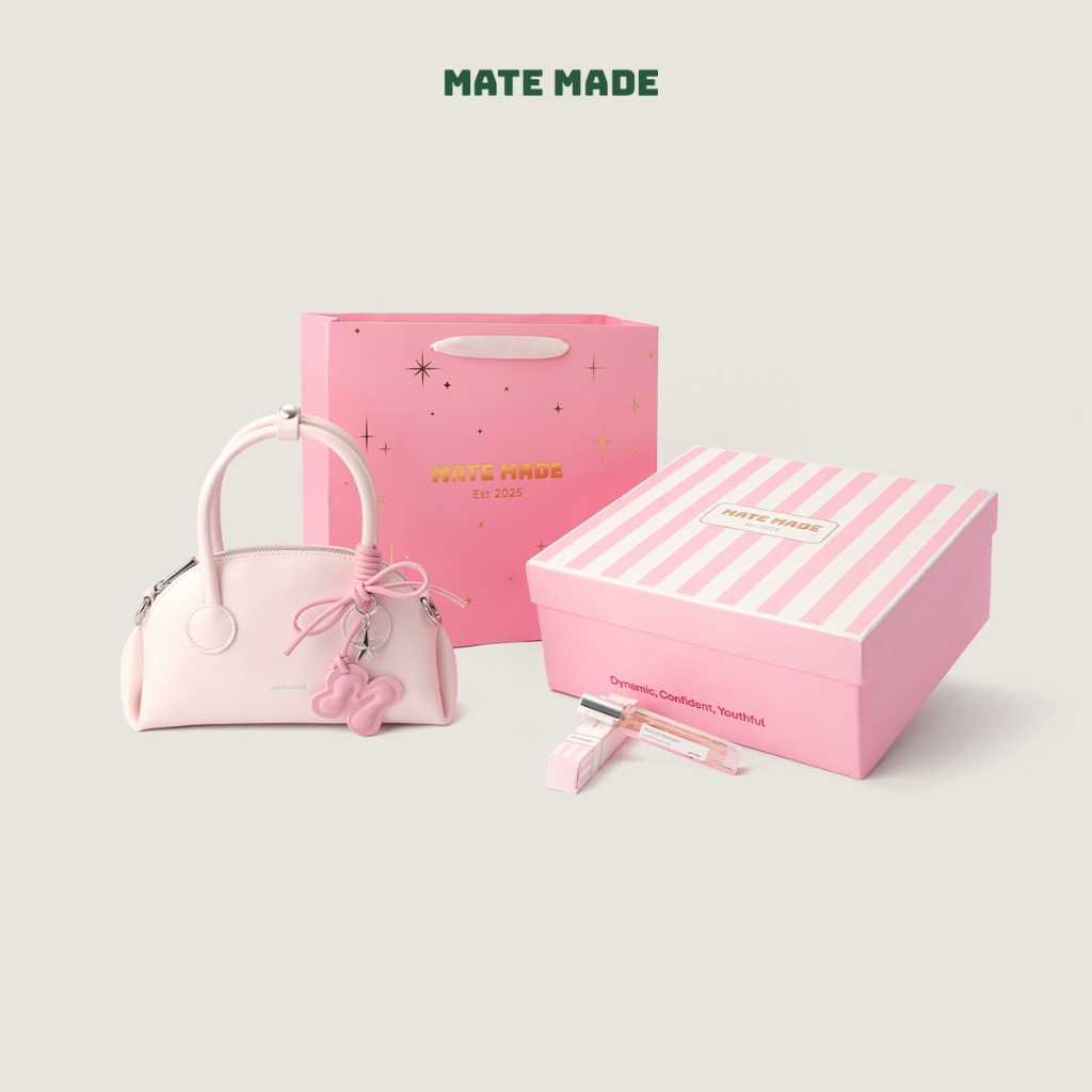 Set Quà Tặng MATE MADE Túi Xách Tay Macaron Kèm Charm, Nước Hoa, Hộp Quà Hồng Kẻ Trắng (Tặng Bạn Thâ