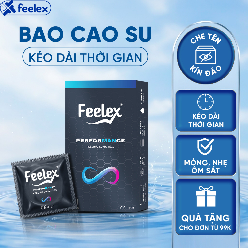 Bao cao su Feelex kéo dài thời gian, siêu mỏng, gân gai, nhiều gel bôi trơn - Hộp 10 bcs