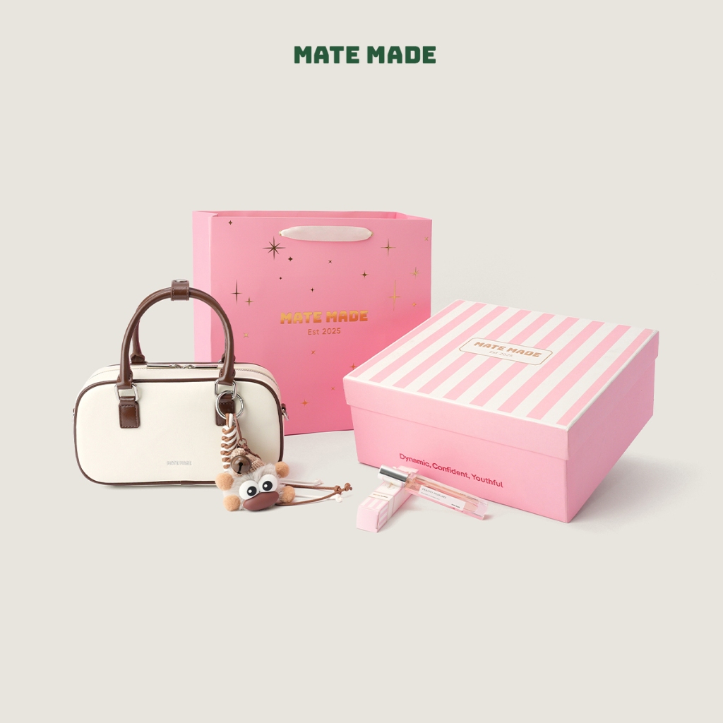 Set Quà Tặng MATE MADE Túi Xách Tay Luna Kèm Charm, Nước Hoa, Hộp Quà Hồng Kẻ Trắng (Tặng Bạn Thân, 