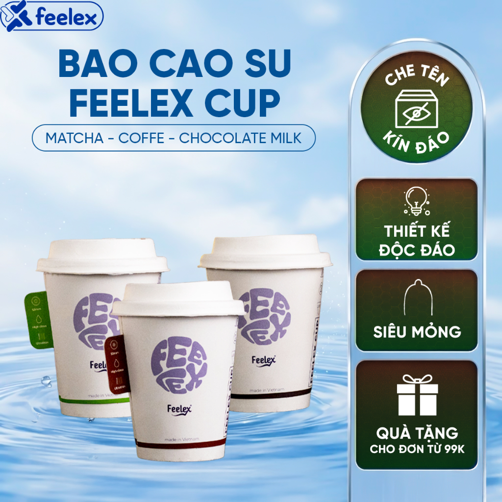 Bao cao su Feelex Cup dạng cốc độc lạ siêu mỏng, hương Matcha, Coffee, Chocolate Milk, nhiều gel bôi