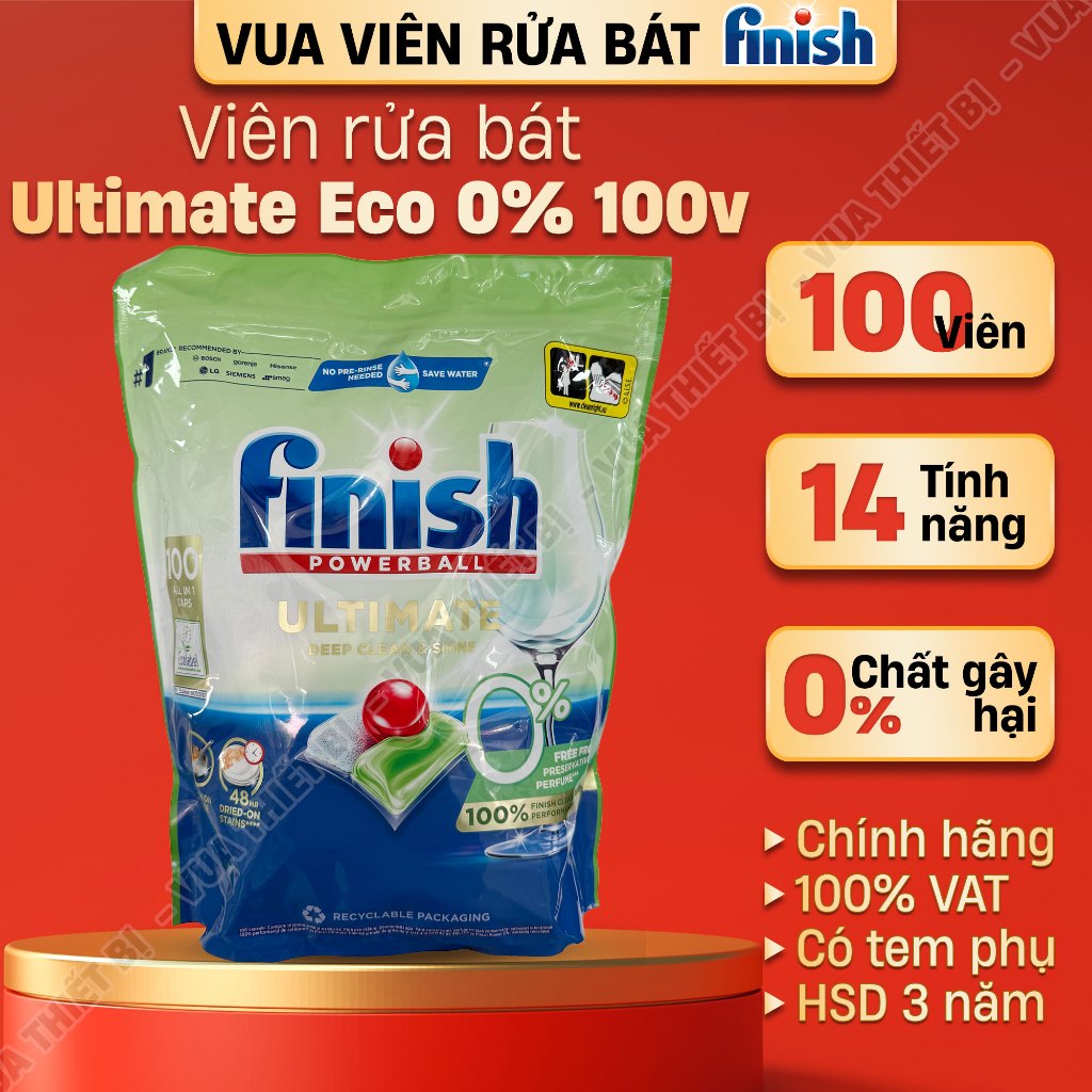 FINISH Ultimate Eco 0% túi 45 / 100 Viên tấy rửa máy rửa chén bát chính hãng All in 1 powerball 14 tính năng không mùi