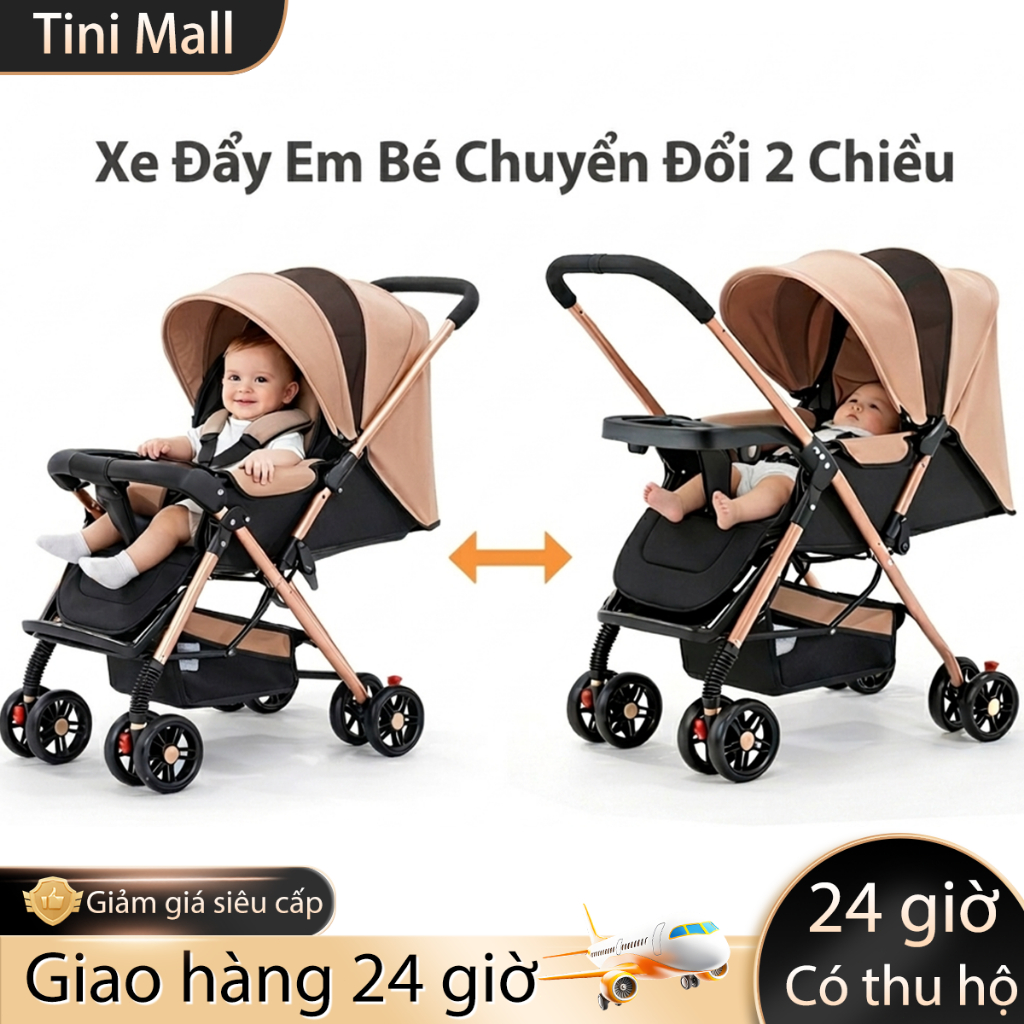 【Còn hàng】xe đẩy gấp gọn cho bé Beige,Gửi màn chống muỗi，Xe đẩy em bé gấp hai chiều