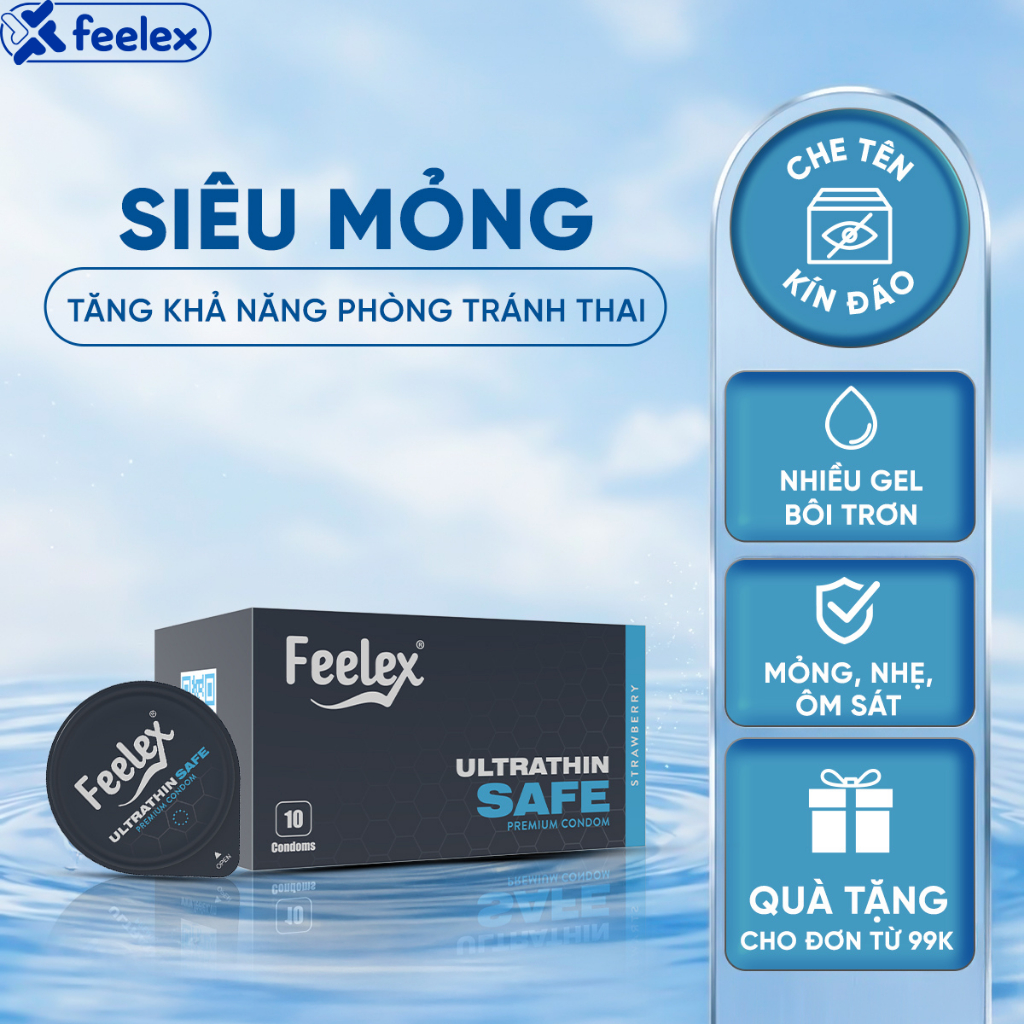 Bao cao su Feelex Ultrathin Safe siêu mỏng, nhiều gel bôi trơn, hỗ trợ phòng tránh thai - Hộp 10 bcs