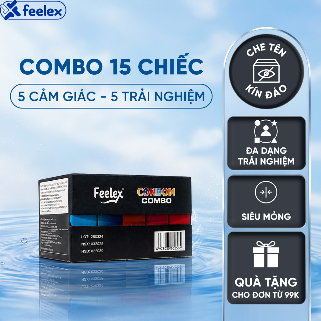 Combo 5 hộp bao cao su Feelex siêu mỏng, nhiều gel bôi trơn - 15 chiếc bcs