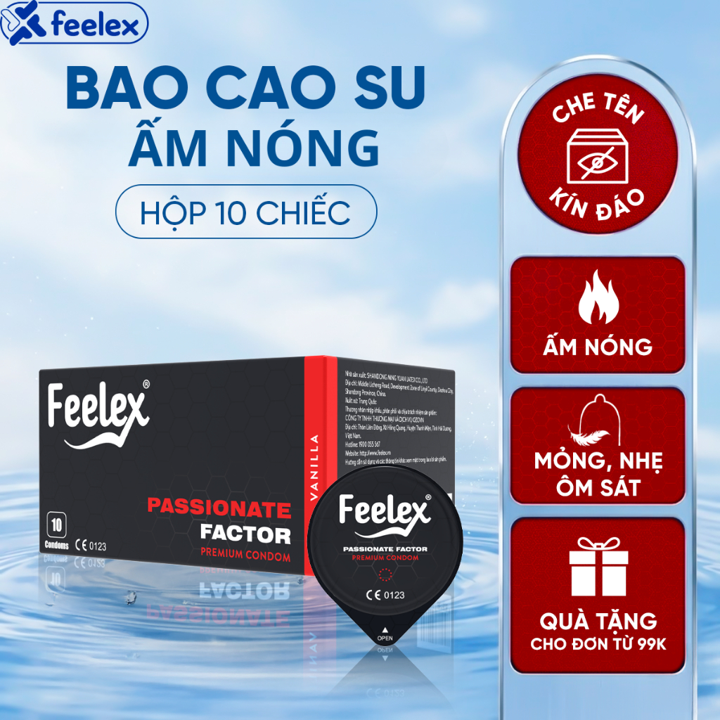 Bao cao su Feelex Passionate Factor siêu mỏng, truyền nhiệt, cảm giác chân thật, hộp 10 bcs