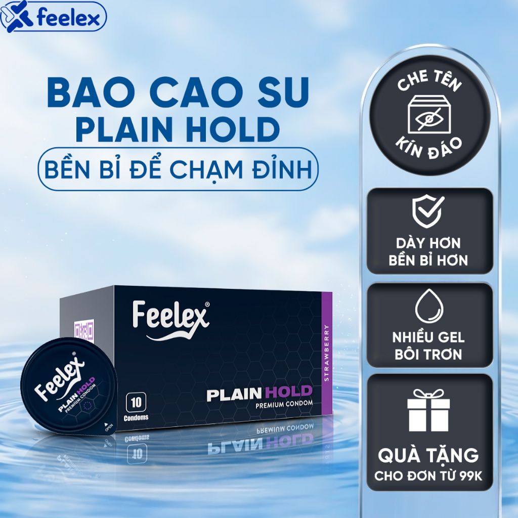 Bao cao su Feelex Plain Hold an toàn, bền bỉ, nhiều gel bôi trơn, hương dâu - hộp 10 bcs
