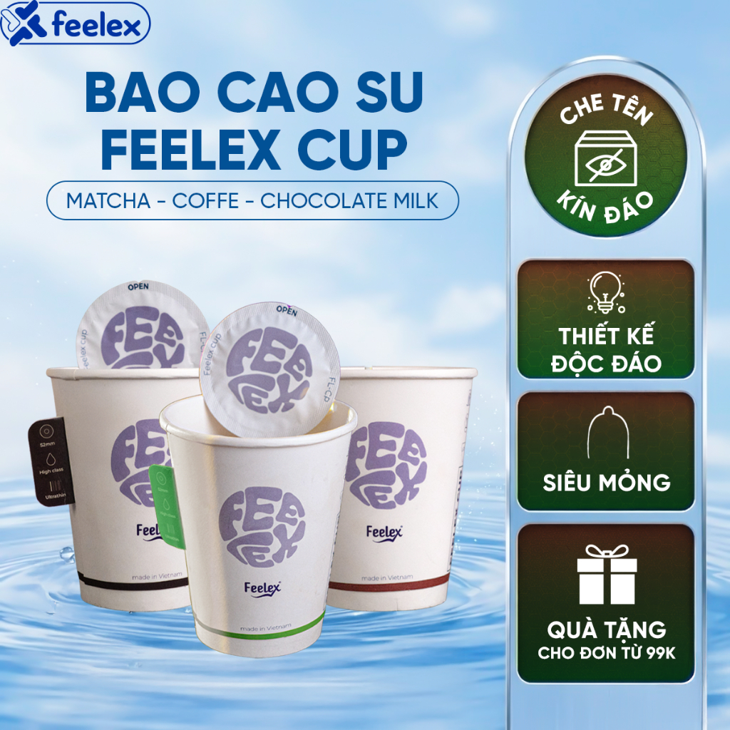 Bao cao su Feelex Cup siêu mỏng, hương Matcha, Coffe, Chocolate Milk, nhiều gel bôi trơn - hộp 10 bc