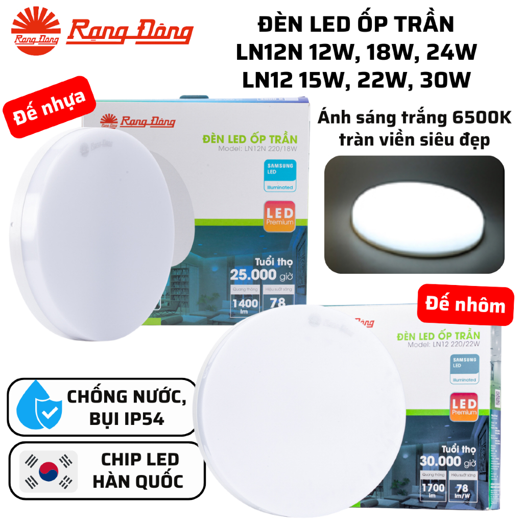 Đèn LED ốp nổi trần tròn LN12N 12W, 18W, 24W - LN12 15W, 24W, 30W Sáng trắng 6500K Rạng Đông