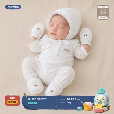 Bao tay chân mũ cho bé sơ sinh Mompa vải Petit mềm mịn co giãn thấm hút 0270