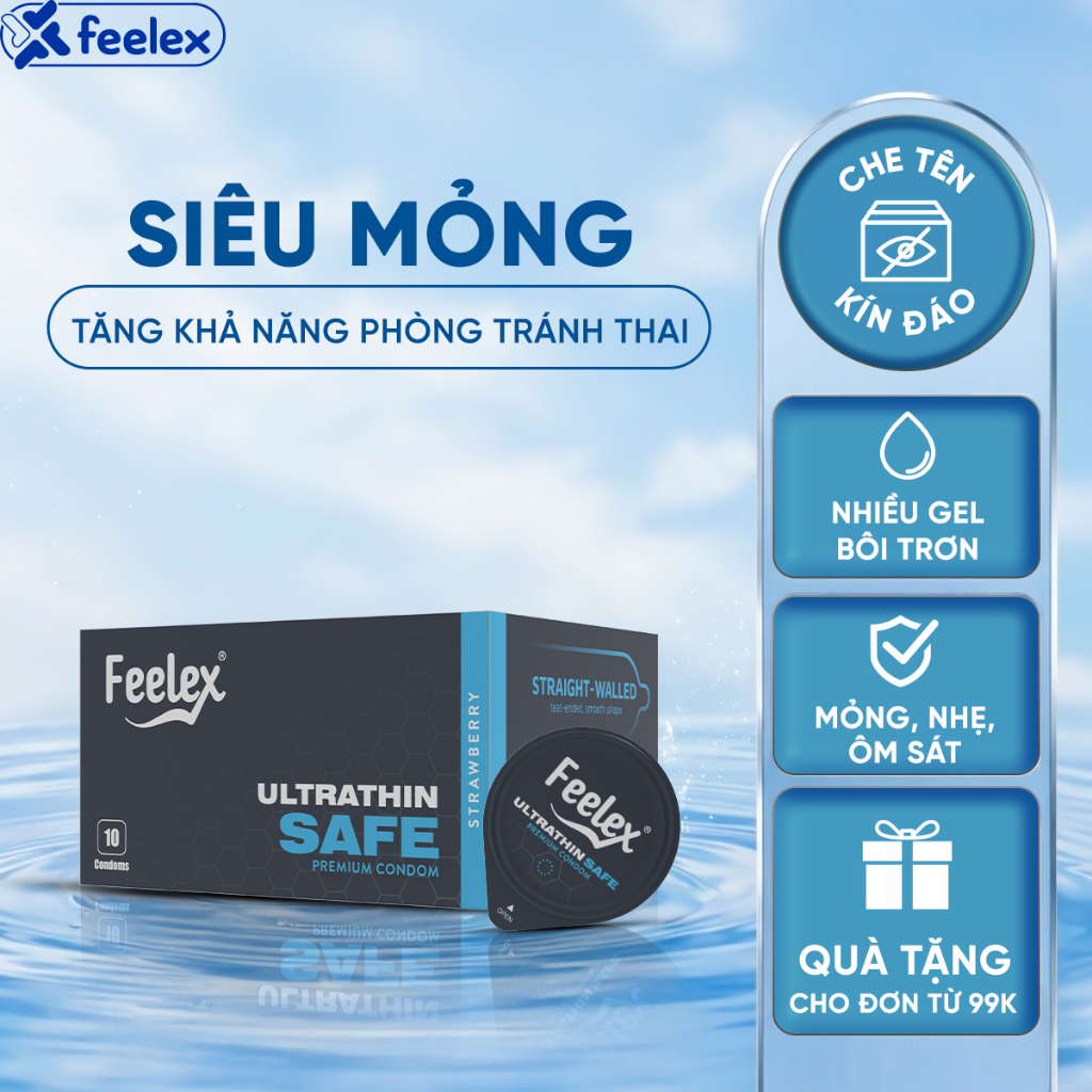 Bao cao su Feelex Ultrathin Safe siêu mỏng, nhiều gel bôi trơn - Hộp 10 bcs