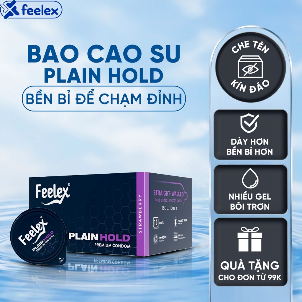 Bao cao su Feelex Plain Hold bền bỉ, nhiều gel bôi trơn - Hộp 10 bcs