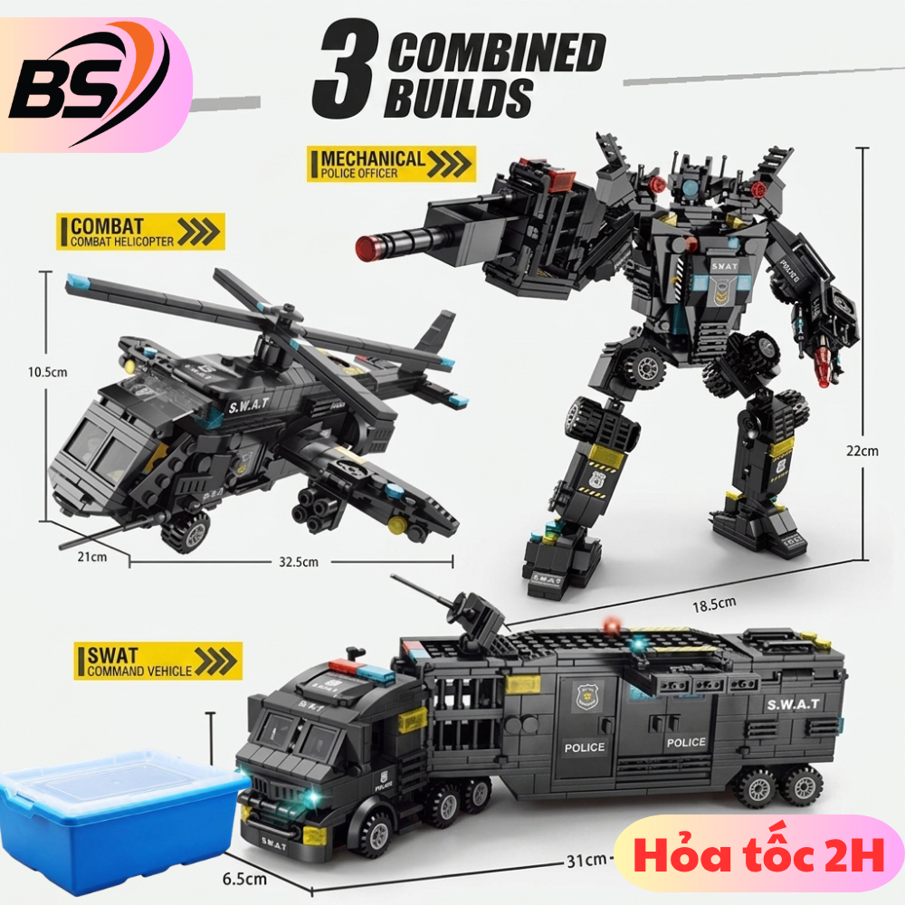 [920 chi tiết] Bộ đồ chơi lắp ghép xếp hình cảnh sát, oto, robot, du thuyền, trực thăng, xe swat, má