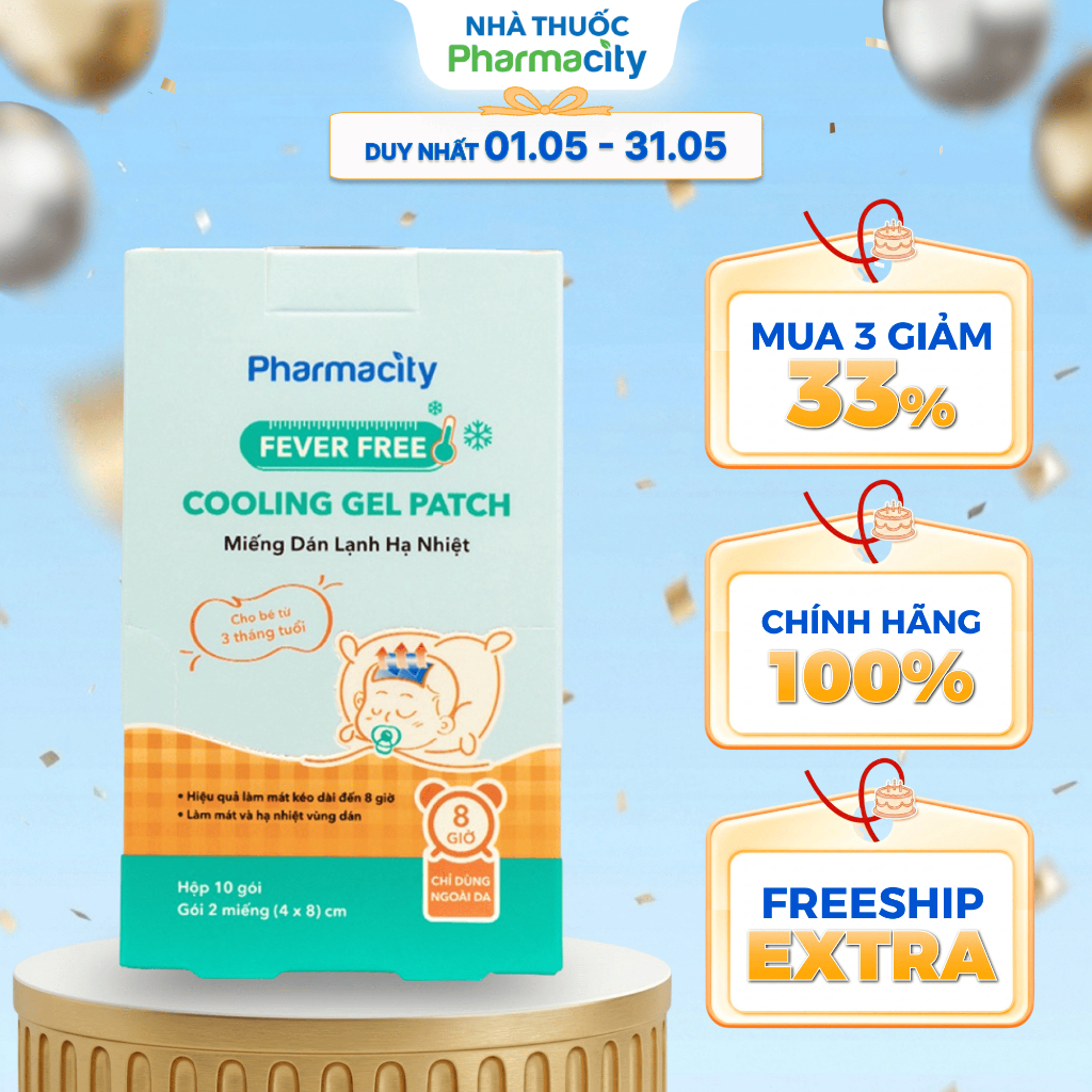 Miếng dán lạnh hạ nhiệt em bé Pharmacity 4cm x 8cm (Hộp 10 gói x 2 miếng)