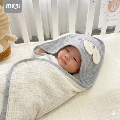 Khăn quấn bé sơ sinh ủ choàng Ualarogo vải Organic Cotton có mũ che đầu mềm mịn giữ ấm đa năng 9509