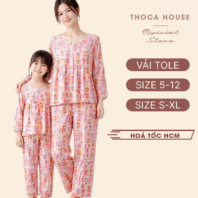 Đồ bộ đôi mẹ và bé gái tay dài quần lở vải tole họa tiết THOCA HOUSE đồ ngủ mặc nhà thoải mái, dễ thương