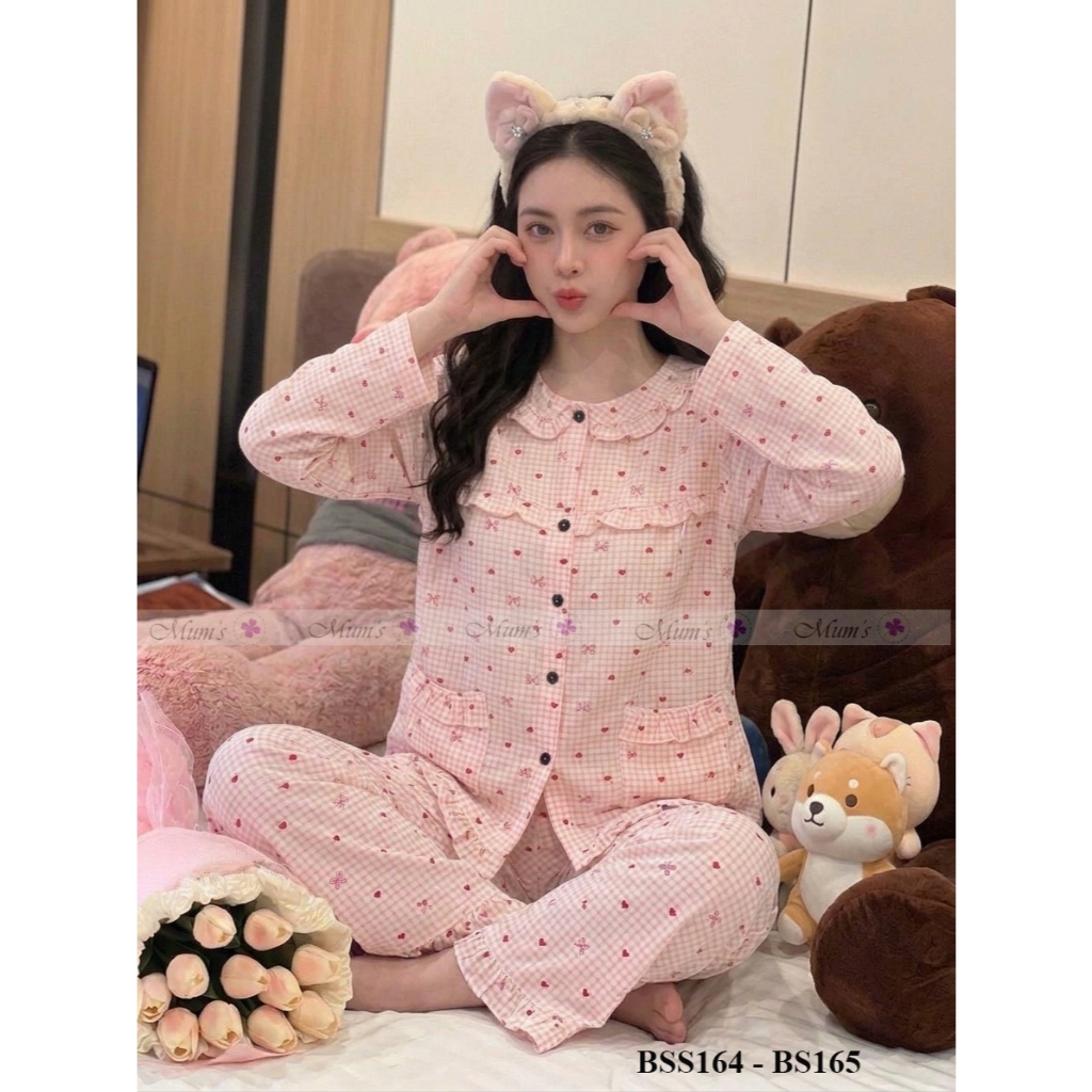Đồ bộ bầu và sau sinh Mum's Shop BSS161 Bộ caro hồng nơ siêu dễ thương cho mẹ bầu và sau sinh