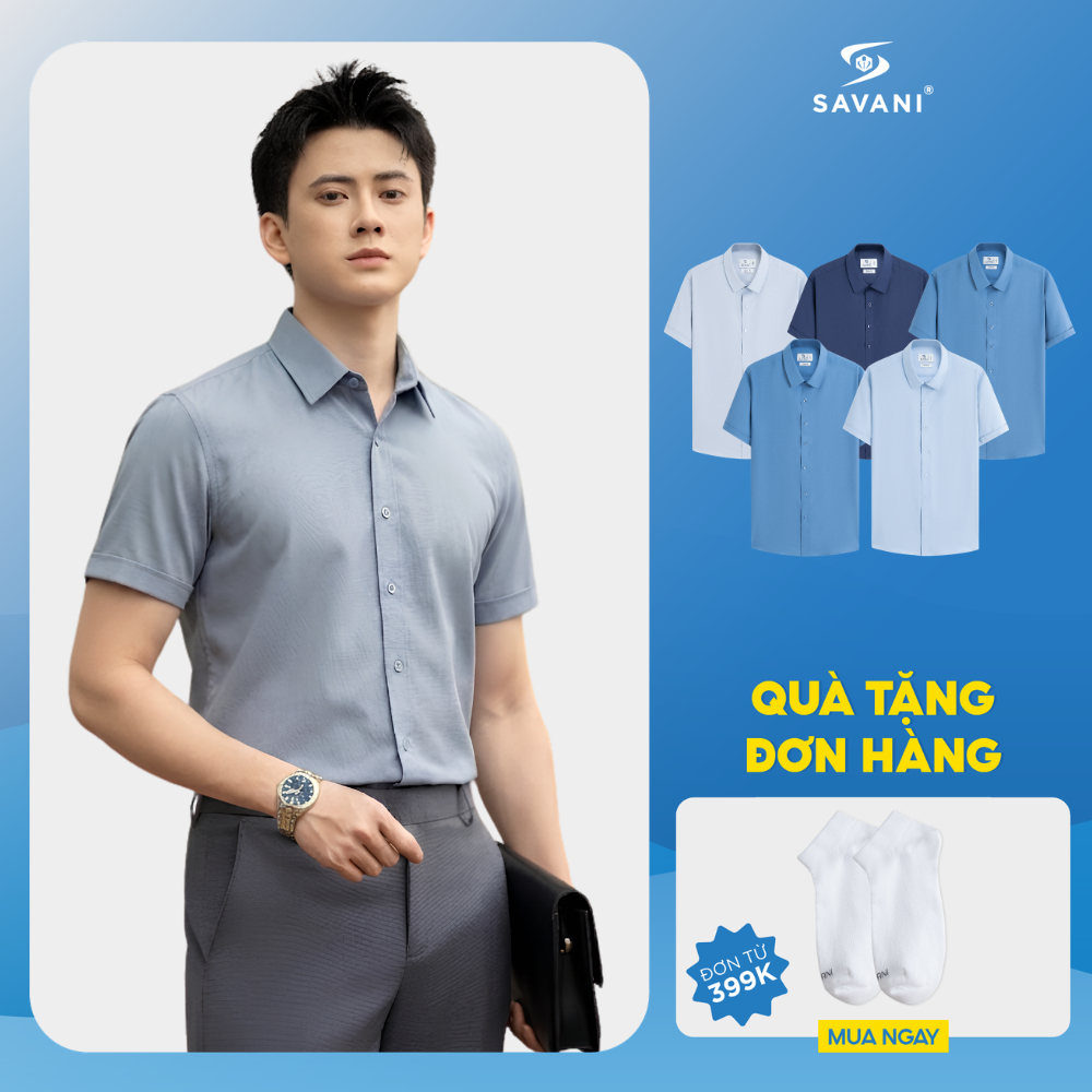 Áo Sơ Mi Nam Ngắn Tay Tà Lượn SAVANI Dáng SlimFit, Chất Vải Cao Cấp, Mềm Mát, Không Nhăn MSSA021S6