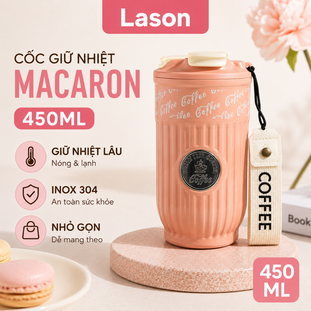 Cốc nước giữ nhiệt Lason Macaron 450ml chất liệu inox 304,cốc giữ nhiệt tiện lợi 5 màu bắt mắt
