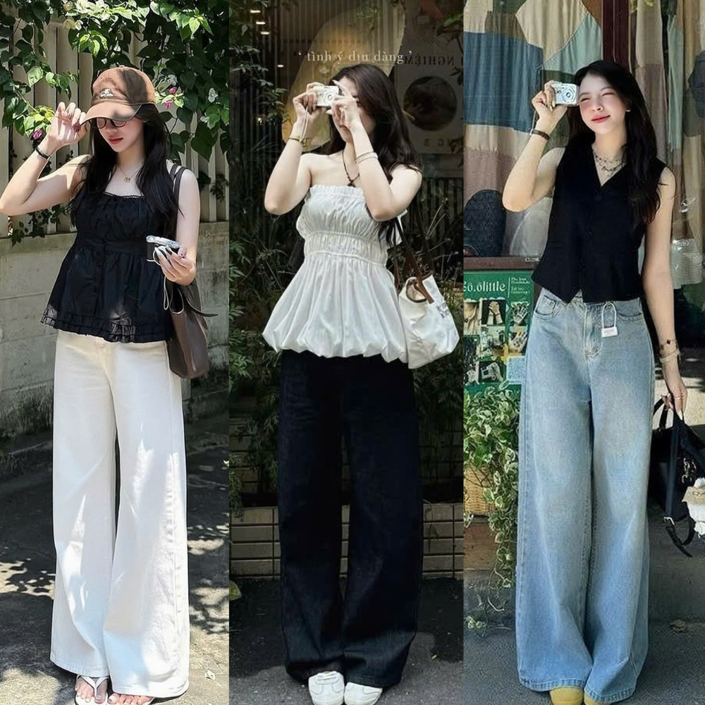 (ẢNH OLDSCHOOL) Quần jeans TRẮNG ỐNG LOE form rộng dài chùm phủ chân Q7767, quần jeans nữ ống xuông 