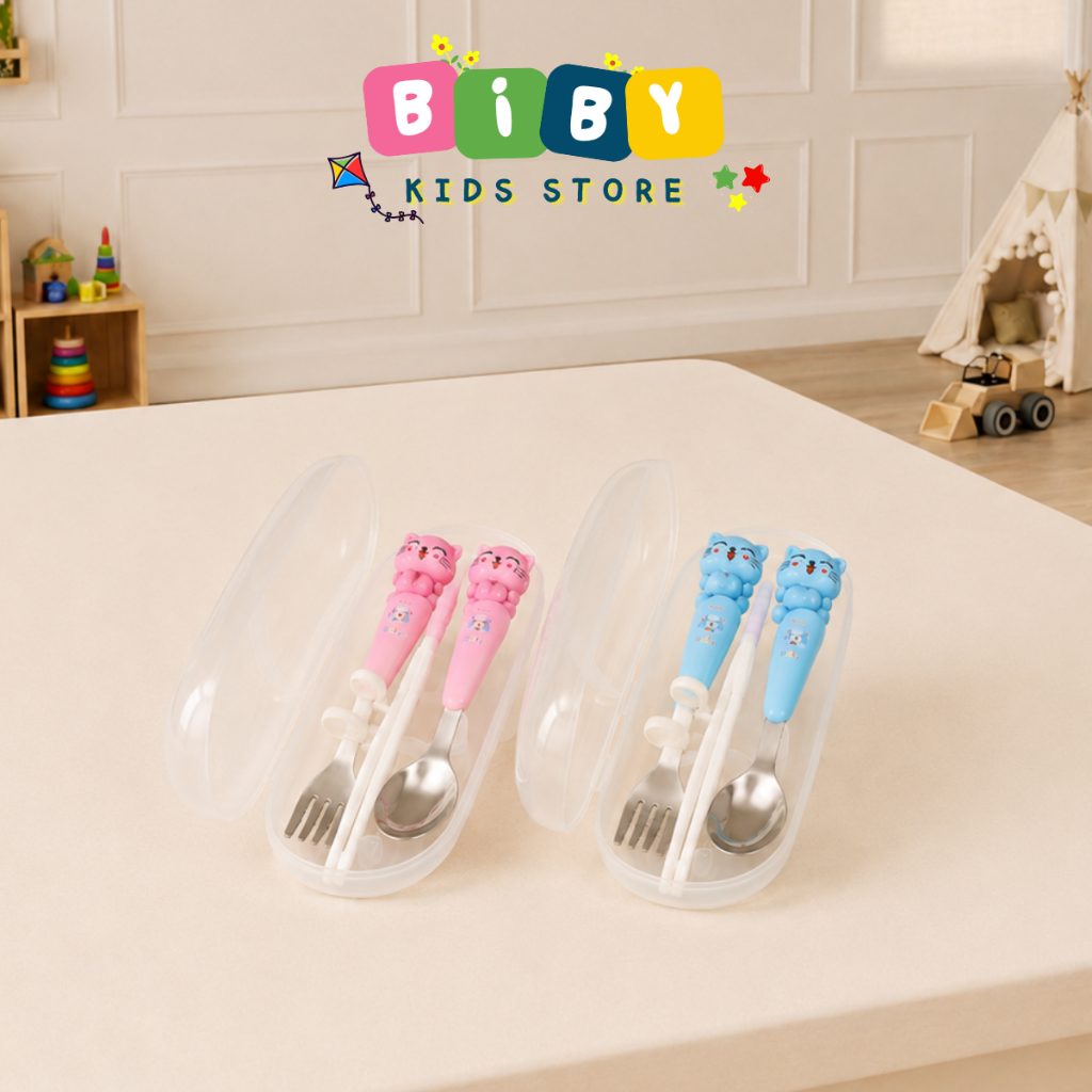 Set Thìa Dĩa Đũa BIBY Hình Mèo Đáng Yêu Cho Bé Tập Ăn - SETTDHINHMEO