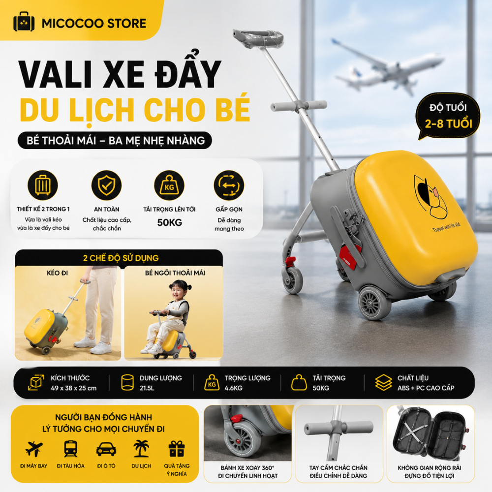 Vali Cho Bé Có Ghế Ngồi Qbox, Vali xe đẩy cho bé có khóa Hải Quan, Vali kéo du lịch kèm ghế ngồi an 