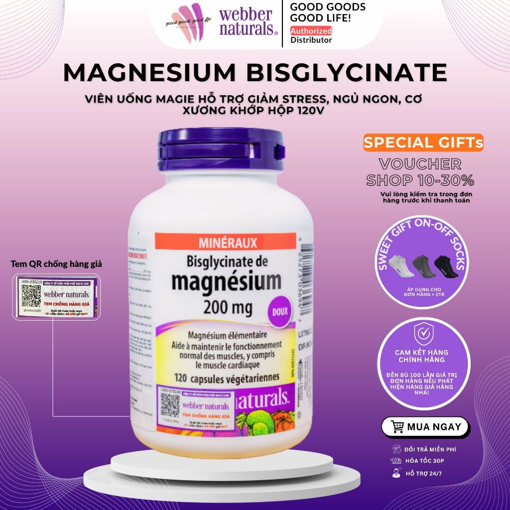 Magnesium Bisglycinate 200mg Webber Naturals 60/120 Viên – Giảm Stress, Ngủ Ngon, Tốt Tim Mạch