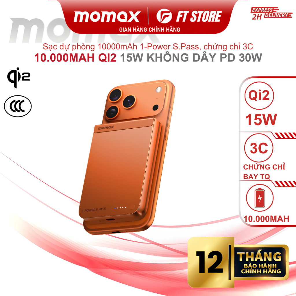 [Bản Nâng Cấp] Pin Dự Phòng Không Dây Từ Tính Momax IP161/IP162 1-Power S.Pass Qi2, 5000/10000mAh, i