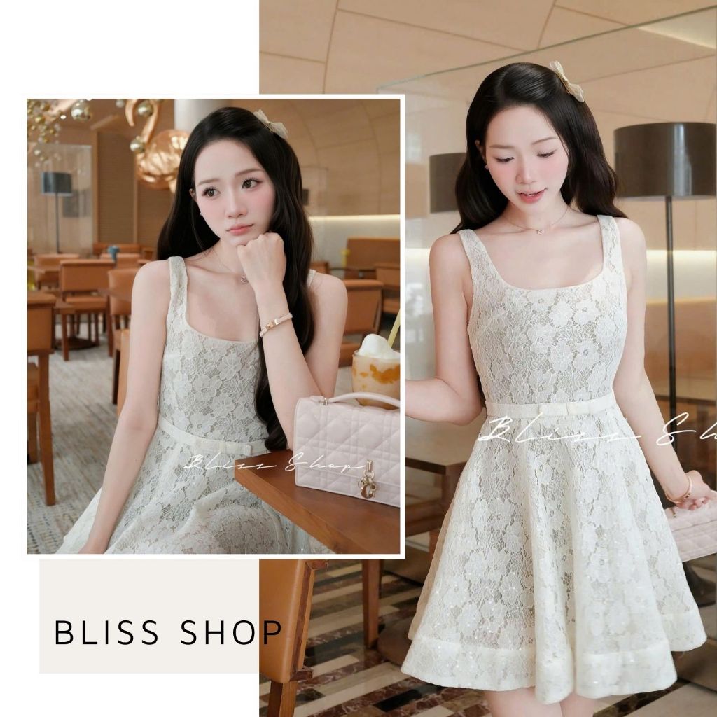 [Thiết Kế Cao Cấp] Đầm Váy Ren 2 Dây Dáng Ngắn Thắt Nơ Eo Tiểu Thư Sang Chảnh Bliss Shop - V564