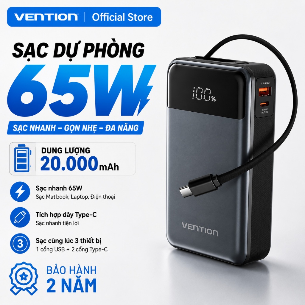 Sạc Dự Phòng 65W Vention 20000mAh, Hỗ Trợ Sạc Nhanh PD, Tích Hợp Cáp Sạc Type-C, Màn Hình LED Dùng Cho Điện Thoại Laptop | BigBuy360 - bigbuy360.vn