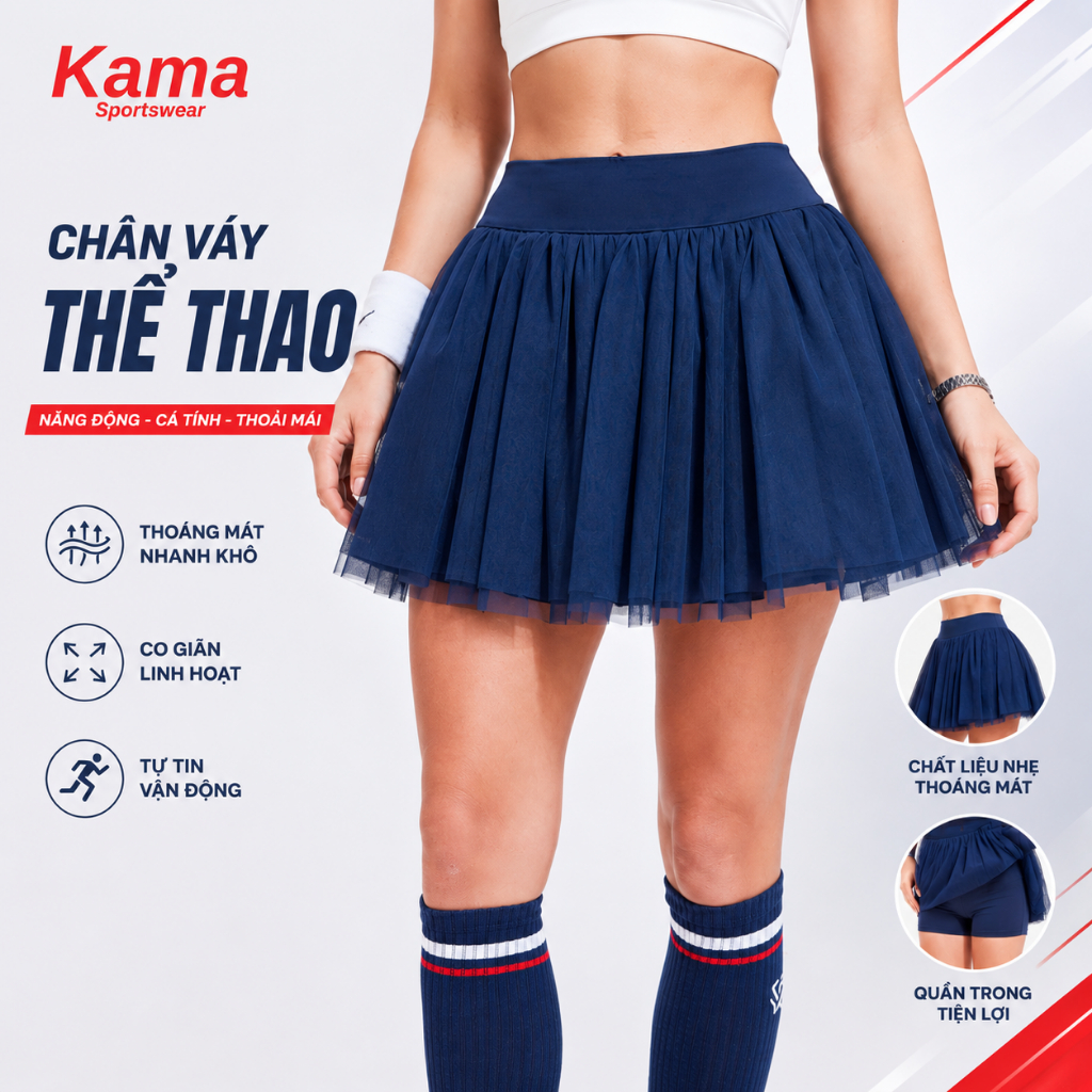 Chân váy thể thao nữ Kama Sport CV35,  chân váy Coslef cao cấp tập pickleball, tennis, cầu lông