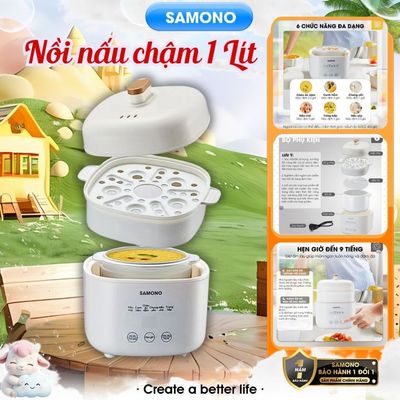 (BH 1 Năm)Nồi nấu chậm đa năng 1L Samono SW-SC10, kèm lồng hấp,thố sứ,hẹn giờ, Nấu Cháo, Chưng Yến, hầm, giữ nhiệt