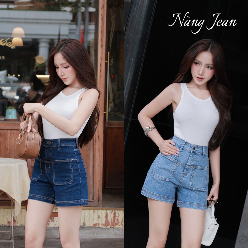 Quần short jean nữ cạp cao co giãn tôn dáng, 2 túi hộp trẻ trung KELLY NGUYỄN | SJN001