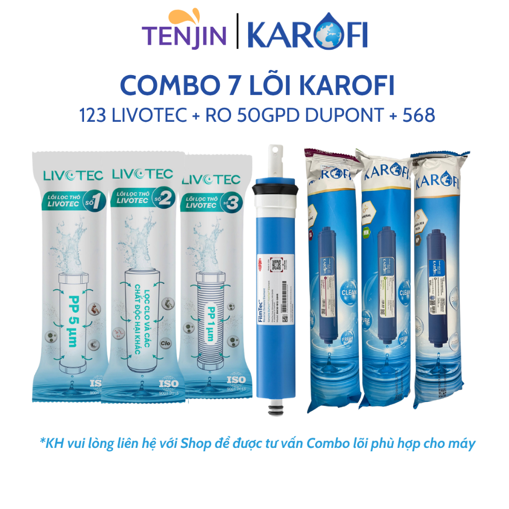 Combo 7 Lõi Lọc Karofi Gồm Lõi 123 Smax Duo - Màng RO50GPD Dupont Mỹ - 3 Lõi Chức Năng T33, Mineral,