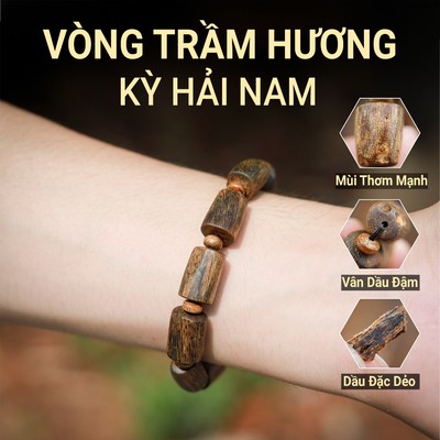 Vòng tay trầm hương KỲ HẢI NAM dạng trụ trúc thô Xưởng Mộc Việt mùi thơm ngọt mạnh vân dầu dẻo đậm