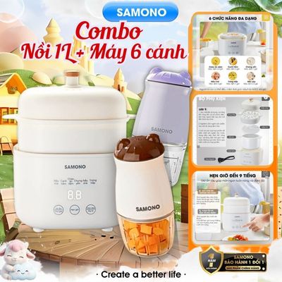 (BH 1 năm) Combo nồi nấu chậm Samono SW-SC10 và máy xay mini ăn dặm cho bé SW-MC200/MC200S