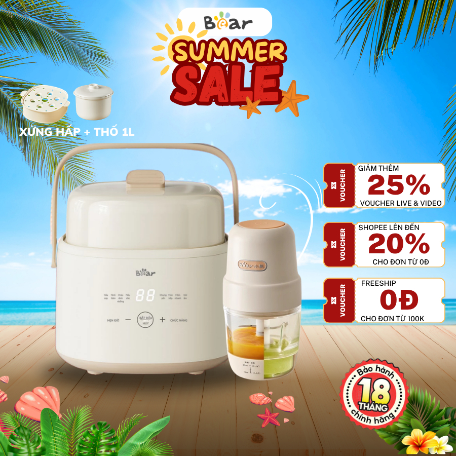 Combo Ăn Dặm Nồi Nấu Chậm Cho Bé 1L SC-4H10E + Máy Xay Ăn Dặm Mini 0.3L 8 lưỡi CH-4H02S, BH 18 tháng