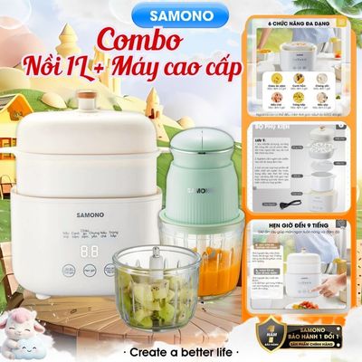 (BH 1 năm) Combo nồi nấu chậm Samono SW-SC10 và máy xay mini ăn dặm cho bé SW-CD200 - 2 cối 2 tốc độ xay