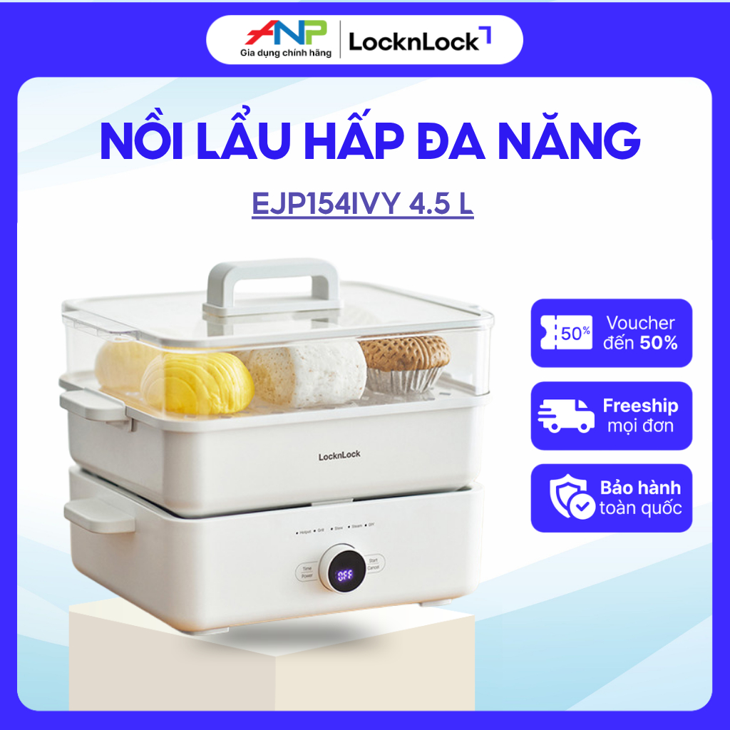 Nồi Lẩu Hấp Đa Năng LocknLock EJP154IVY 4.5L Khay Hấp 2 Tầng, Nấu Lẩu - Hấp - Chiên Xào Chính Hãng