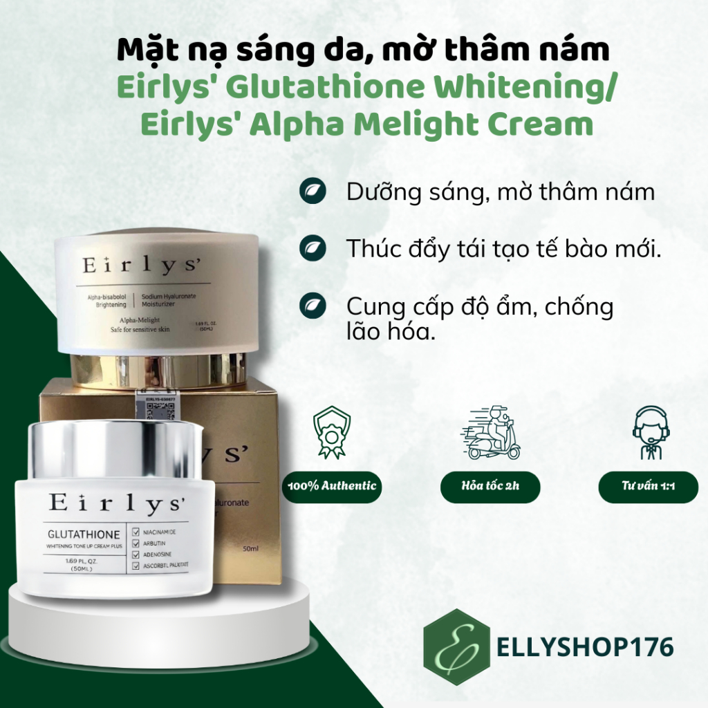 [Đại lý chính hãng] Bộ đôi kem dưỡng trắng, mờ thám Eirlys Glutathione Whitening Cream (Ngày & Đêm) 