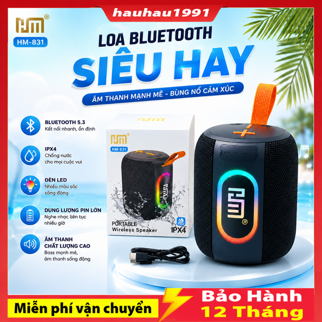 Loa Bluetooth Mini HM-831 / HM-805, Loa Xách Tay Âm Bass Lớn Kết Hợp Cùng Đèn LED Hiện Đại, Chống Nư