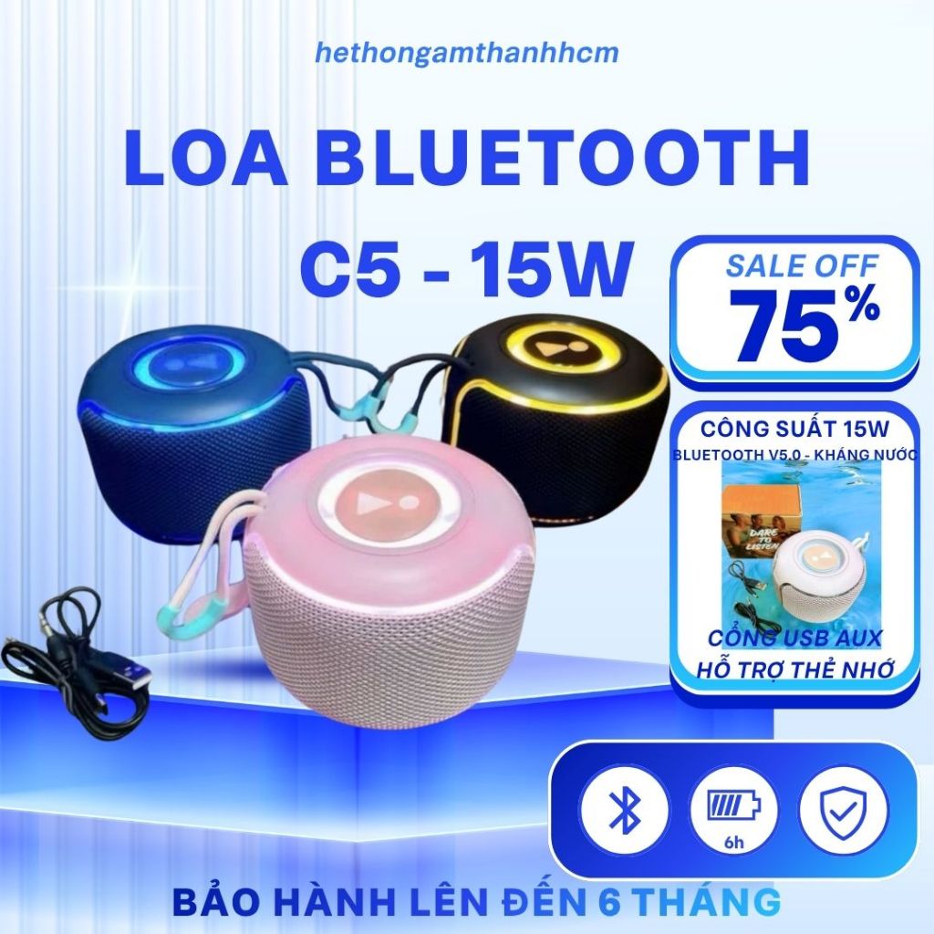 💎Loa C5 Bluetooth 5.0 Công suất 15W, thiết kế nhỏ gọn viền LED, âm thanh chắc, hỗ trợ thẻ nhớ USD AU