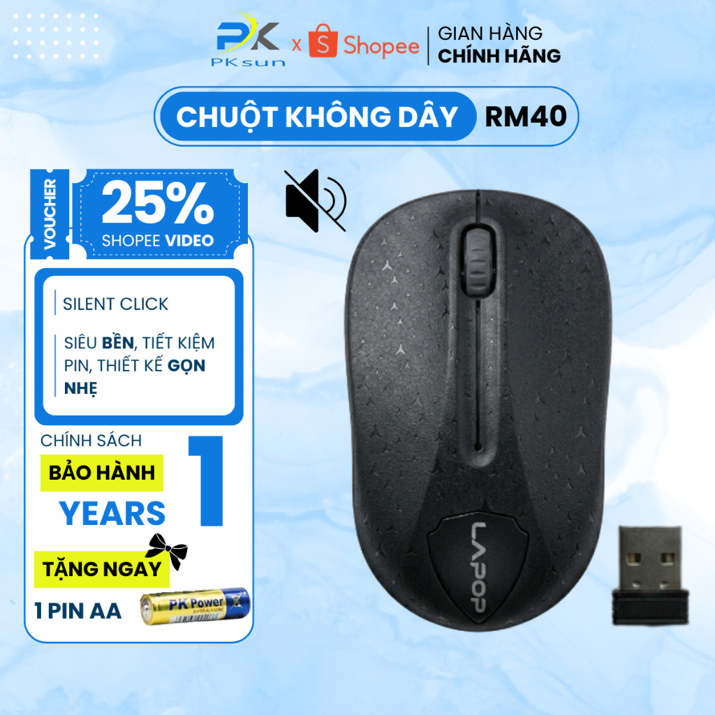 Chuột Không Dây RM40, Chuột Wireless Cho Laptop PC Gọn Nhẹ Nhạy Mượt Kết Nối Ổn Định Tặng Kèm Pin