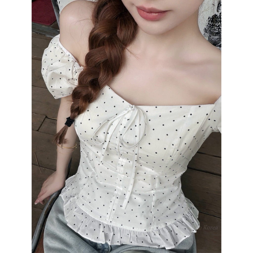 Áo Sơ Mi Nữ Ngắn Tay cổ Vuông hoạ Tiết Chấm Bi Hottrend Áo Sơ Mi kiểu lưng chun hàng loại 1 | BigBuy360 - bigbuy360.vn