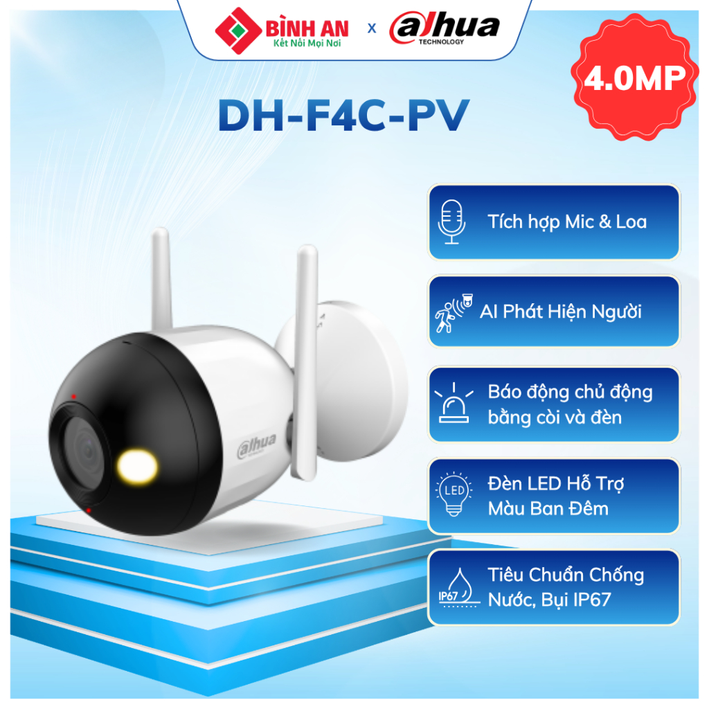 Camera Wifi Ngoài Trời DAHUA DH-F4C-PV, Chống nước IP67, Công nghệ Full-Color, Báo động đèn & còi