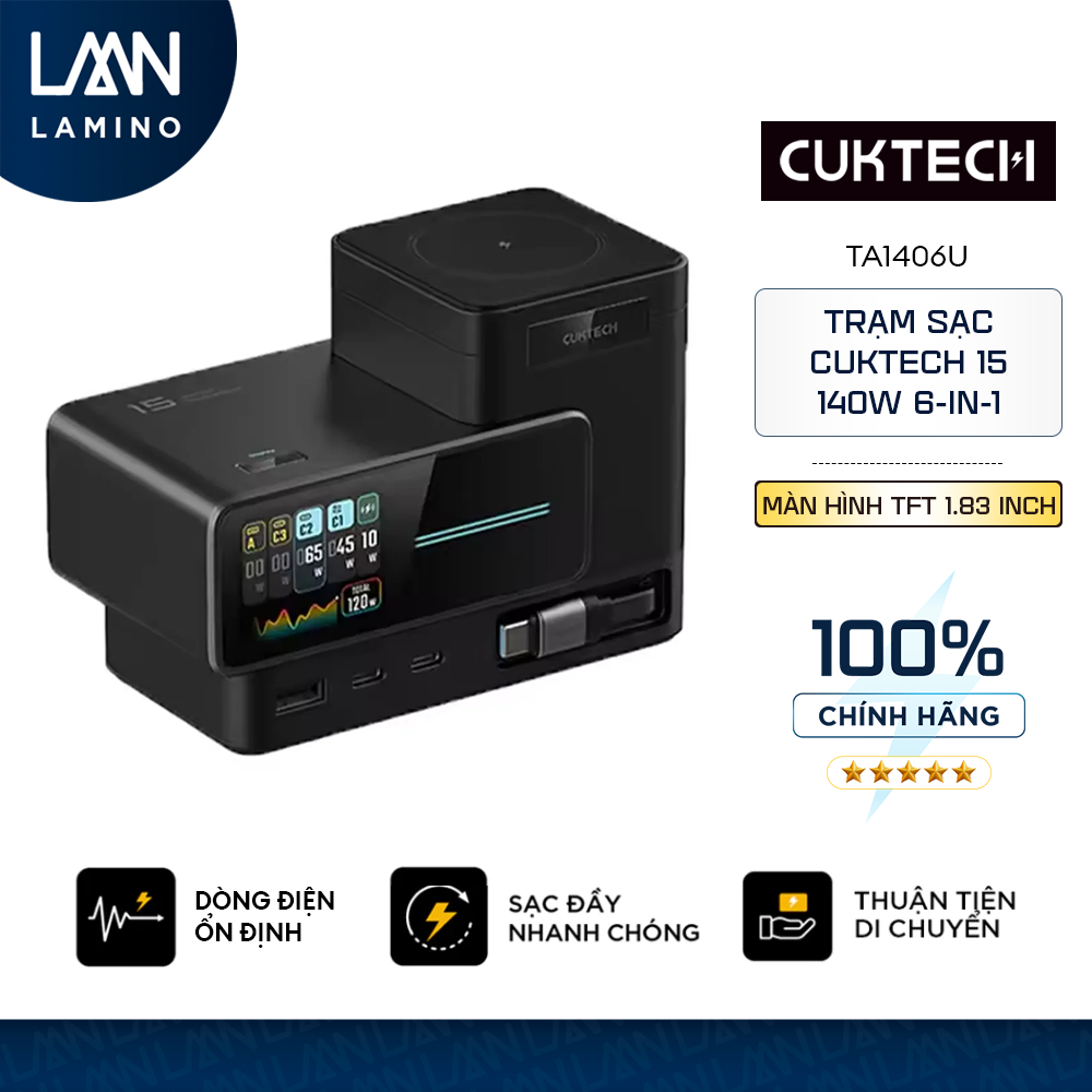 Trạm Sạc Để Bàn Cuktech 15 TA1406U 140W - 6 in 1 Có Màn Hình, Cáp Rút, Sạc Không Dây - Chính Hãng